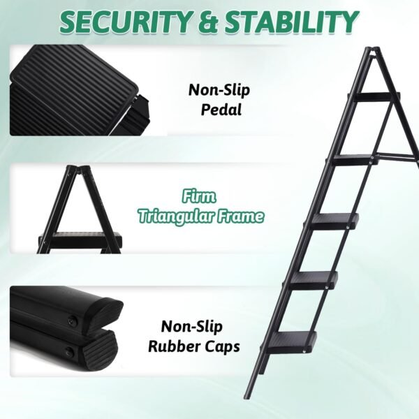 Step Ladder 5 Step Folding,Heavy Duty 330 Lbs Load Step Ladders for Home, Tall Kitchen/Closet Stepladder for Adults, Black Small & Lightweight Ladder with Anti-Slip Wide Pedals
