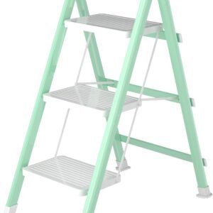 3 Step Ladder, Folding Step Stool with Anti-Slip Wide Pedal, Anti-Slip Feet, Sturdiest Steel Construction, 600lbs Capacity Steel Ladder for Home and Office, Green White