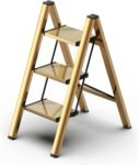 Foldable 3 Step Stool for Closet/Kitchen-Aluminium Gold Step Ladder Steps Stools, Folding 330lbs Lightweight Ladders with Anti-Slip Wide Pedal, Portable Kids/Adults Ladder