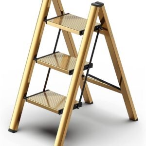 Foldable 3 Step Stool for Closet/Kitchen-Aluminium Gold Step Ladder Steps Stools, Folding 330lbs Lightweight Ladders with Anti-Slip Wide Pedal, Portable Kids/Adults Ladder