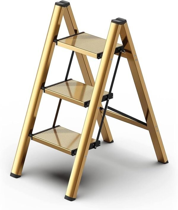 Foldable 3 Step Stool for Closet/Kitchen-Aluminium Gold Step Ladder Steps Stools, Folding 330lbs Lightweight Ladders with Anti-Slip Wide Pedal, Portable Kids/Adults Ladder