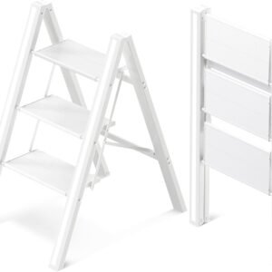 3 Step Ladder, Aluminum Folding Step Stool with Anti-Slip Sturdy and Wide Pedal, Lightweight Portable Stepladder for Home and Kitchen Use Space Saving, Cream White, 330 lbs