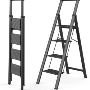 Step Ladder 4 Step Folding with Wide and Anti-Slip Pedal, Folding Step Ladder with Handgrip, Portable Lightweight Aluminum Stepladder for Home, Kitchen, Library, Office - Black