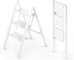 3 Step Ladder, Folding Stepladder with Anti-Slip Pedal, Lightweight Portable Ladders, Aluminum Step Stool for Home, Kitchen, Office 300lbs - White