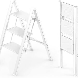 3 Step Ladder, Folding Stepladder with Anti-Slip Pedal, Lightweight Portable Ladders, Aluminum Step Stool for Home, Kitchen, Office 300lbs - White
