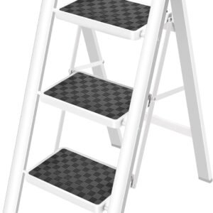 3 Step Ladder Folding Step Stool, 330 Lbs Capacity Step Stool for Adults, Closet Step Stool Ladder with Anti-Slip Wide Pedals Household Office, White