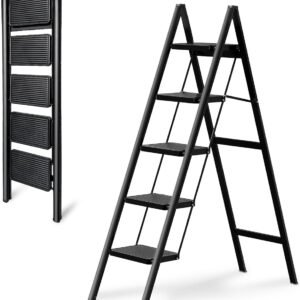 Step Ladder 5 Step Folding,Heavy Duty 330 Lbs Load Step Ladders for Home, Tall Kitchen/Closet Stepladder for Adults, Black Small & Lightweight Ladder with Anti-Slip Wide Pedals