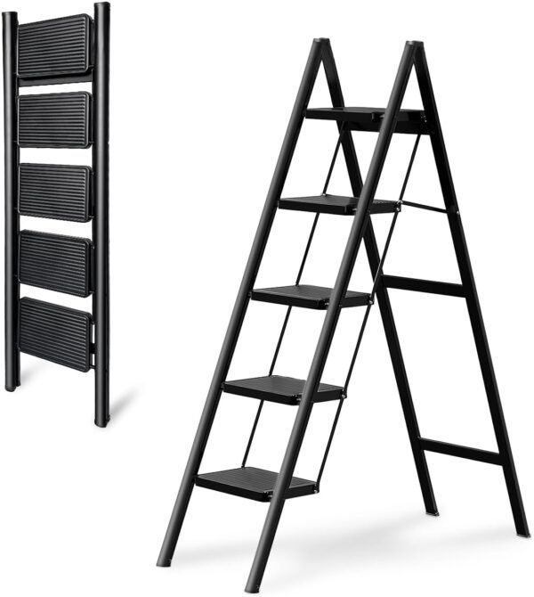 Step Ladder 5 Step Folding,Heavy Duty 330 Lbs Load Step Ladders for Home, Tall Kitchen/Closet Stepladder for Adults, Black Small & Lightweight Ladder with Anti-Slip Wide Pedals