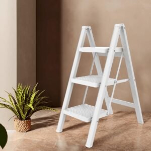 3 Step Ladder White | Folding Standing Ladder | Wide Anti-Slip Pedal 500 lbs Sturdy Ladder | Lightweight, Portable, Compact- 3-Step Ladder | Three Rung Ladders | Foldable Durable and Heavy Duty