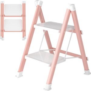 2 Step Ladder, Folding Step Stool with Anti-Slip Wide Pedal, Anti-Slip Feet, Sturdiest Steel Construction, 600lbs Capacity Steel Ladder for Home and Office, Pink White