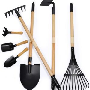 7PCS Kids Gardening Tools, Long Shovel, Rake for Leaves, Spade, Hoe, Steel Heads & Real Wood Handle, Yard Tools for Children Toddlers Gifts