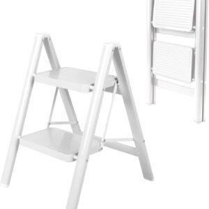 2 Step Ladder, Portable Folding Step Stool with Sturdy Carbon Steel Metal, 330LB Capacity, Non-Slip Wide Pedal, ladders for Home, Kitchen, Closet, Bookshelf, Adult (White)