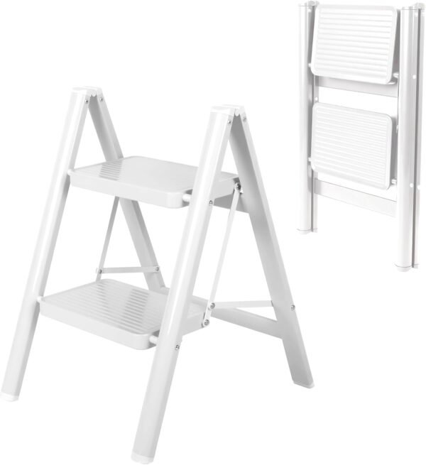 2 Step Ladder, Portable Folding Step Stool with Sturdy Carbon Steel Metal, 330LB Capacity, Non-Slip Wide Pedal, ladders for Home, Kitchen, Closet, Bookshelf, Adult (White)