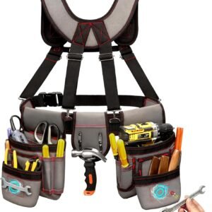 Tool Belt for Men, Professional Tool Belts with Suspenders, Magnetic Tool Pouch, Adjustable Utility Belt Tools Organizer, Heavy Duty Construction Work Bags Tool Pouch for Electrician, Carpenter