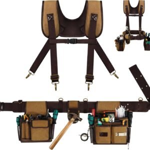 Tool Belt with Suspenders, 37 Pockets Vintage Canvas Carpenter Tool Belt Pouchs for Men with Hammer Holder, 31-55” Adjustable Construction Tool Storage Organizer for Framers, Electricians