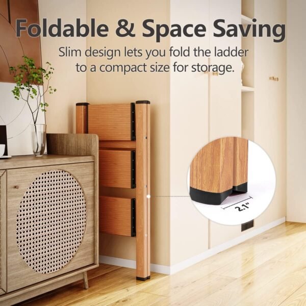 3 Step Ladder Anti-Slip Foldable Step Stool Aluminum Lightweight with Wide Pedal for Home and Kitchen Space Saving - Woodgrain (330 lbs)