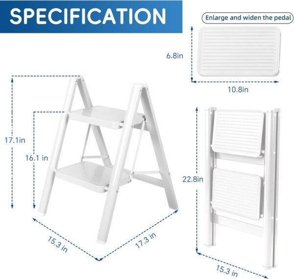 2 Step Ladder, Portable Folding Step Stool with Sturdy Carbon Steel Metal, 330LB Capacity, Non-Slip Wide Pedal, ladders for Home, Kitchen, Closet, Bookshelf, Adult (White)