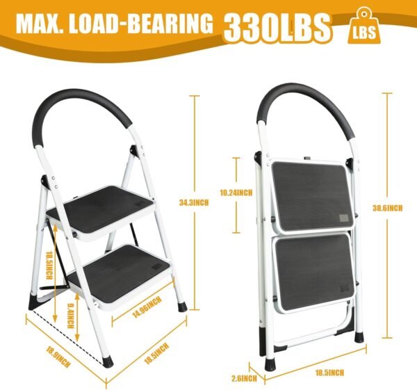 2 Step Ladder, Ergonomic Folding Stool with Anti-Slip Pedal, Step Stool with Padded Handle for Kitchen, Household, Offices,Party Decoration,400lbs Capacity, ,