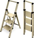 3 Step Foldable Aluminum Step Ladder with Handgrip, Anti-Slip Pedal, 330 lbs Capacity, Lightweight & Portable for Home, Kitchen, Office, Garage (Gold)