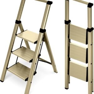 3 Step Foldable Aluminum Step Ladder with Handgrip, Anti-Slip Pedal, 330 lbs Capacity, Lightweight & Portable for Home, Kitchen, Office, Garage (Gold)