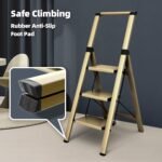 3 Step Foldable Aluminum Step Ladder with Handgrip, Anti-Slip Pedal, 330 lbs Capacity, Lightweight & Portable for Home, Kitchen, Office, Garage (Gold)