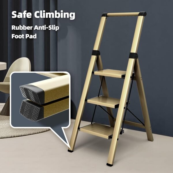 3 Step Foldable Aluminum Step Ladder with Handgrip, Anti-Slip Pedal, 330 lbs Capacity, Lightweight & Portable for Home, Kitchen, Office, Garage (Gold)