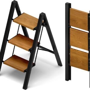 3 Step Ladder,Aluminum Lightweight Folding 2 Step Stool with Anti-Slip Wide Pedal, 330lbs Capacity Step Ladder for Household,Kitchen,Office - BlackWoodgrain