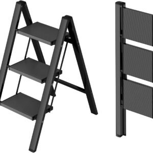 3 Step Ladder,Aluminum Lightweight Folding 3 Step Stool with Anti-Slip Wide Pedal,330lbs Capacity Step Ladder for Household,Kitchen,Office - Black