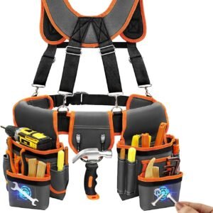 Tool Belt, Professional Tool Belts for Men, Magnetic Tool Pouch With Suspenders, Heavy Duty Detachable Adjustable Utility Belt Work Bags for Electrician, Carpenter (Gray and Orange, 32''-66'')