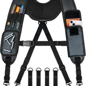 Tool Belt Suspenders, Tool Bag Suspenders, Work Belt Suspender with Magnetic Wristband and Loop Attachment, Padded Construction Suspender for Carpenter, Electrician, Framer, Blue-gray