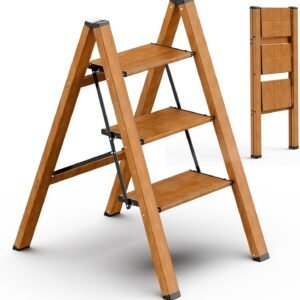 3 Step Ladder Anti-Slip Foldable Step Stool Aluminum Lightweight with Wide Pedal for Home and Kitchen Space Saving - Woodgrain (330 lbs)