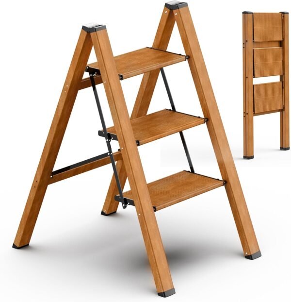 3 Step Ladder Anti-Slip Foldable Step Stool Aluminum Lightweight with Wide Pedal for Home and Kitchen Space Saving - Woodgrain (330 lbs)