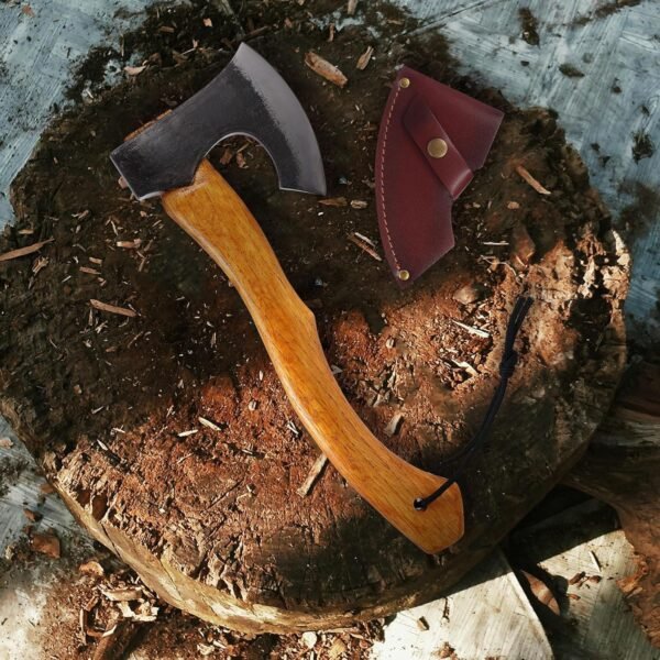 Camping Axe Hatchet, 15.6" Forged Steel Axe with Leather Sheath, Bearded Axe with Beech Handle, Outdoor Hatchet for Wood Splitting, Gift for Men